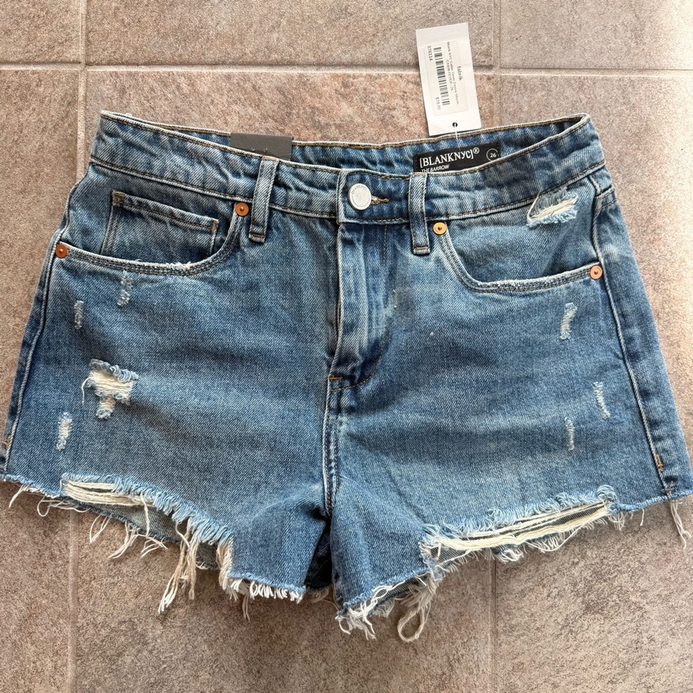 Blank NYC Frayed Distressed Medium Blue Denim Shorts Vintage High Rise Size 26
